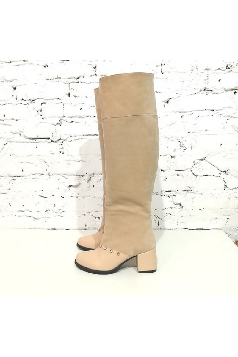 Buy Tall beige Women`s real suede leather heel beads demi-season comfortable stylish designer boots